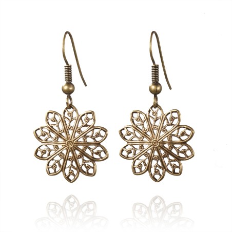 Antique brass earrings with filigrees sun shape Soleil Soleil