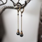 long and thin antique brass earrings with hematite beads and leverback Bloody MAry