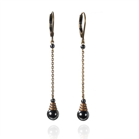 boucles d'oreilles pendantes longues et fines gris et bronze