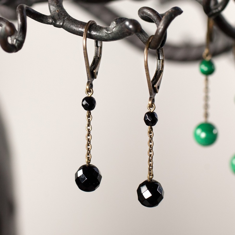 Antic brass leverback drop earrings hematite beads gunmetal grey and bronze color