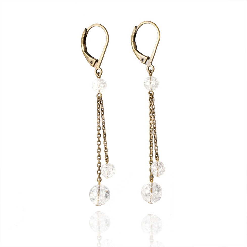 Antique brass drop earrings with rock crystal beads