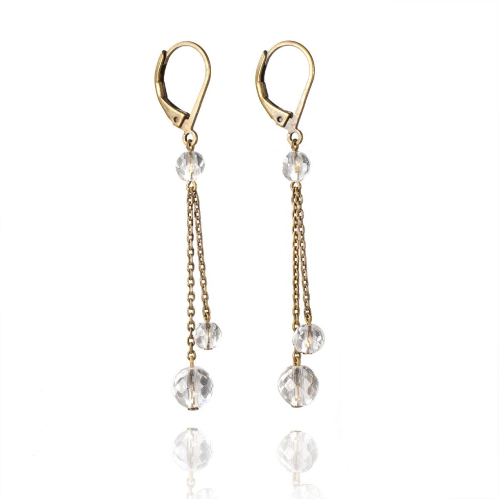 Antique brass drop earrings with rock crystal beads