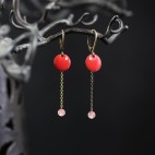 Drop earrings with round enamel charm and semi precious stone beads