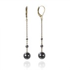 Antique brass leverback long earrings with grey metal hematite beads