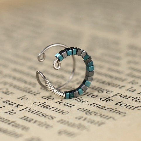 Pure titanium cartilage ear cuff with tiny blue and grey hematite beads - hypoallergenic