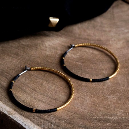 Pure titanium hoop earrings with black and gold glass beads - hypoallergenic earrings