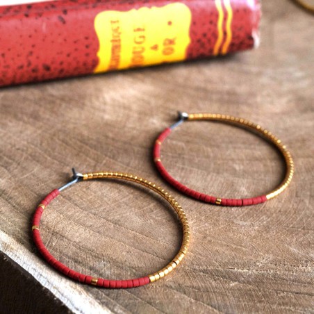 Pure titanium hoop earrings with red and gold glass beads - hypoallergenic earrings for sensitive ears