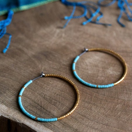 Pure titanium hoop earrings with turquoise and gold glass beads - hypoallergenic earrings for sensitive ears