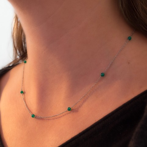 Dainty steel necklace with green agate beads