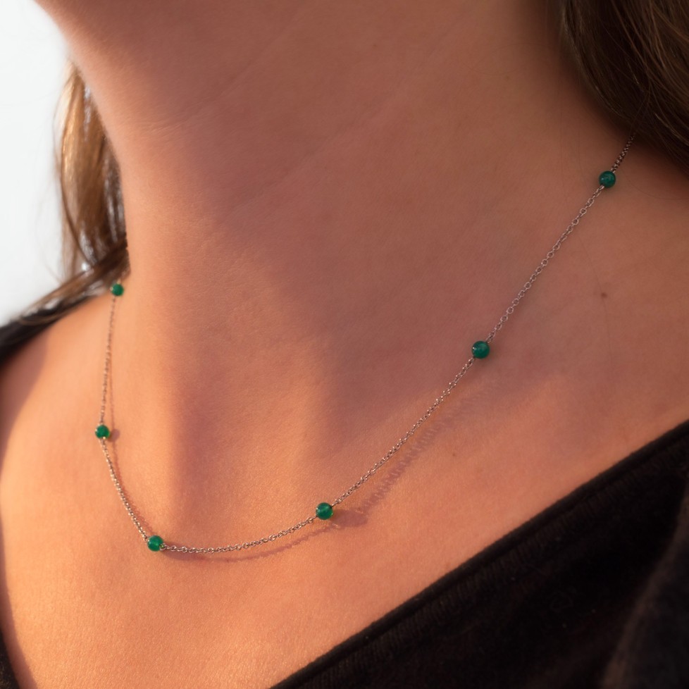 Dainty steel necklace with green agate beads Dainty steel necklace with green agate beads