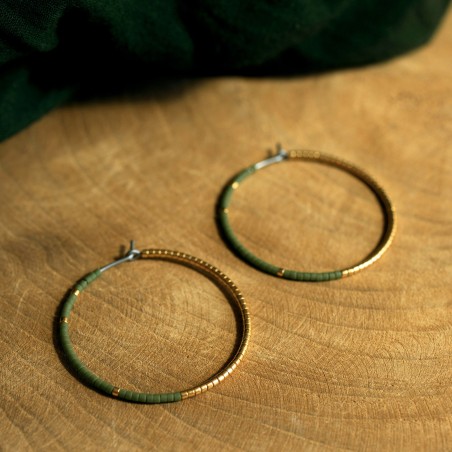 Hypoallergenic Pure titanium hoop earrings with khaki green and gold glass beads