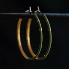 Hypoallergenic Pure titanium hoop earrings with khaki green and gold glass beads