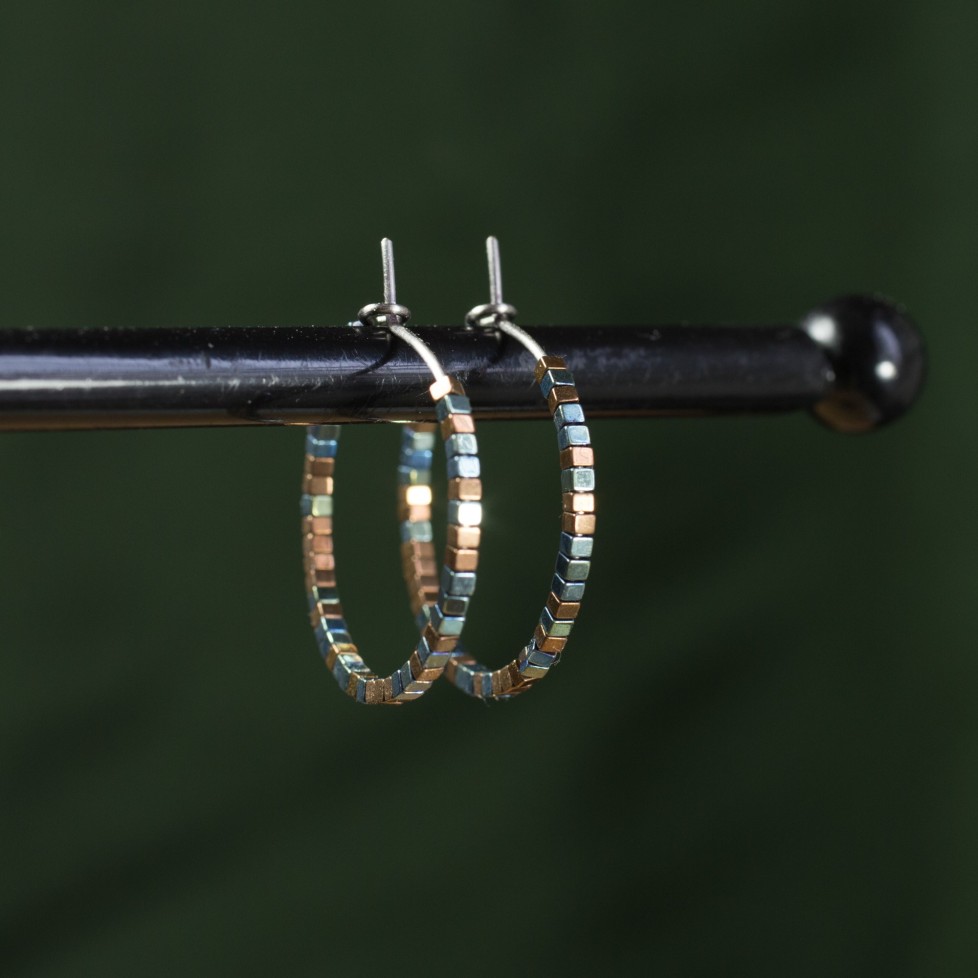 Pure titanium hoop earrings with tiny green and copper hematite beads - Spark