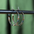Pure titanium hoop earrings with tiny green and copper hematite beads - Spark