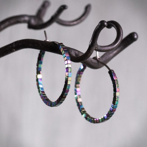 Pure titanium hoop earrings with tiny rainbow hematite beads - Spark