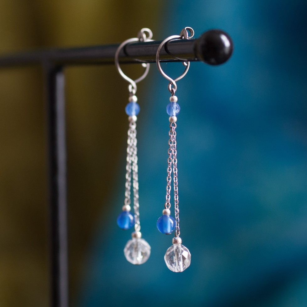 Pure titanium drop earrings with blue agate and rock crystal beads