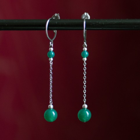 Boucles d'oreilles pendantes titane pur et perles d'agate verte - Boucles d'oreilles hypoallergéniques