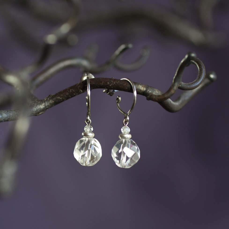 Small pure titanium drop earrings with rock crystal beads - for sensitive ears