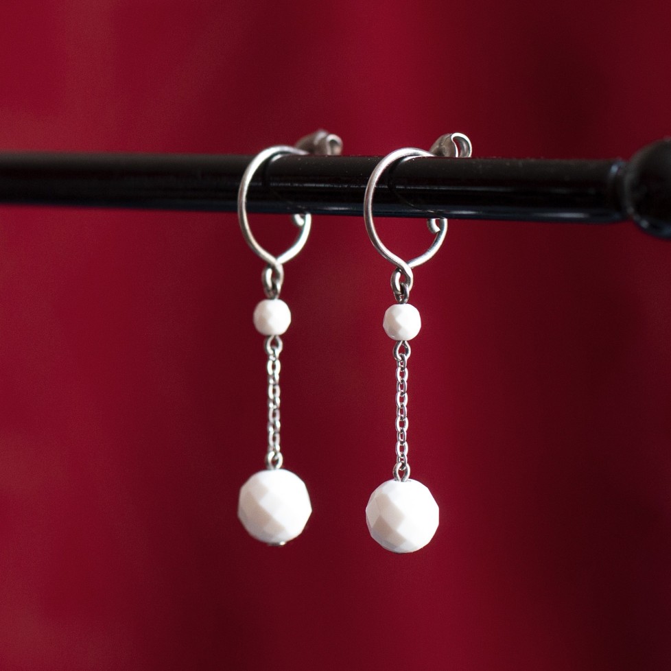 Pure titanium small drop earrings wih faceted white agate - hypoallergenic earrings for sensitive ears, nickel free