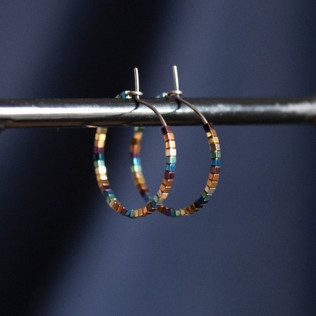 Pure titanium small hoop earrings with tiny rainbow hematite beads - Spark