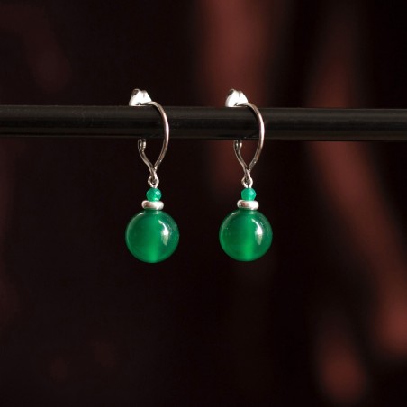 Pure titanium small drop earrings with green agate beads - for sensitive ears