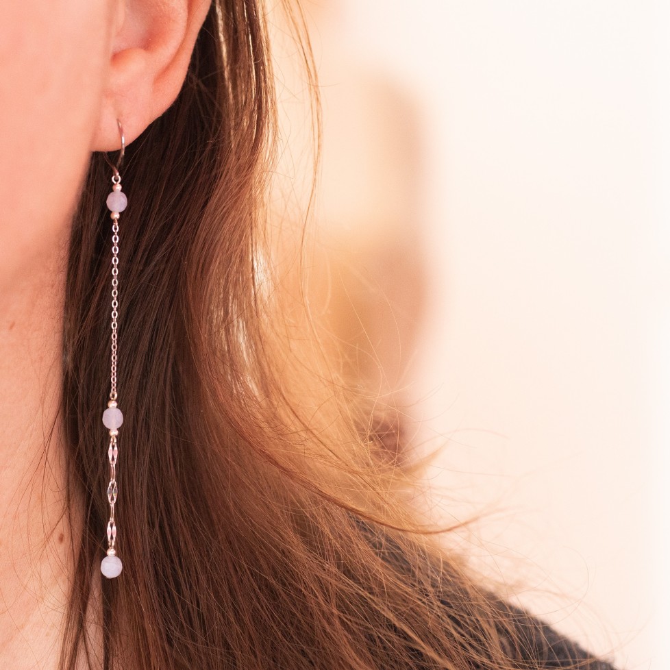 Pure titanium long and thin drop earrings with chalcedony beads - hypoallergenic earrings for sensitive ears