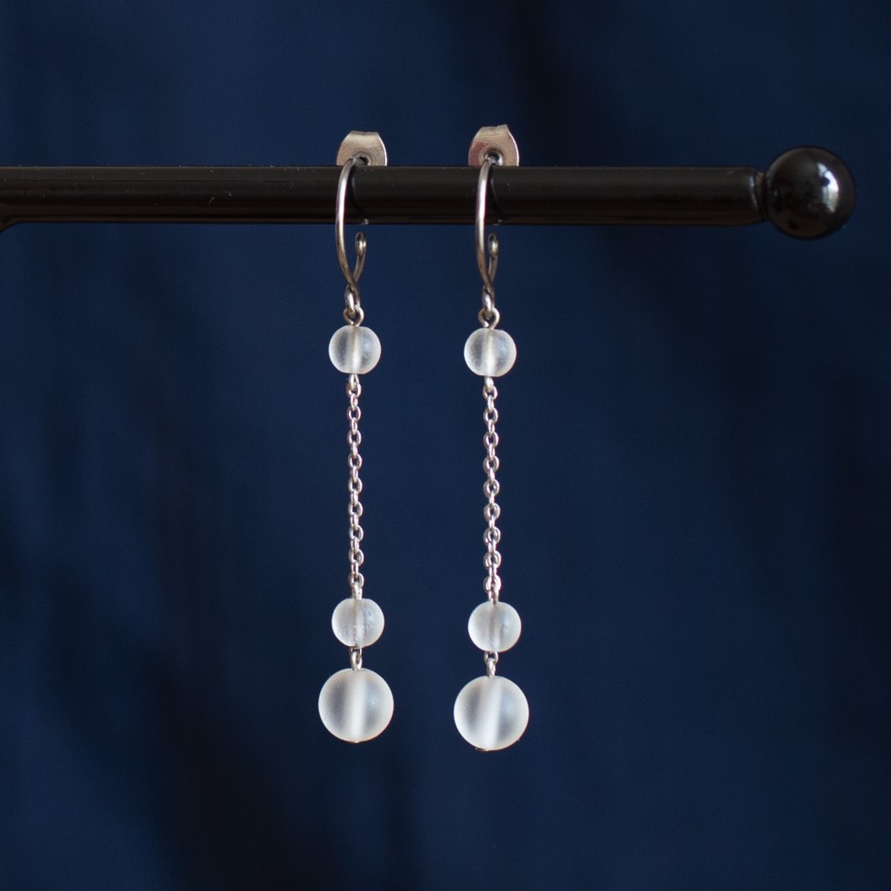 Titanium drop earrings with frosted rock crystal beads - hypoallergenic Titanium drop earrings with frosted rock crystal beads - hypoallergenic